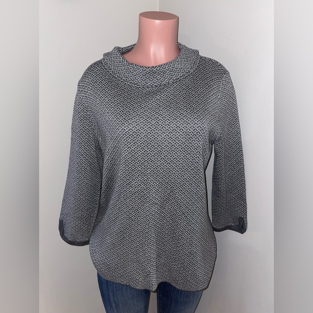 Talbots Geo Print Cowlneck Sweater Gray Cotton Blend